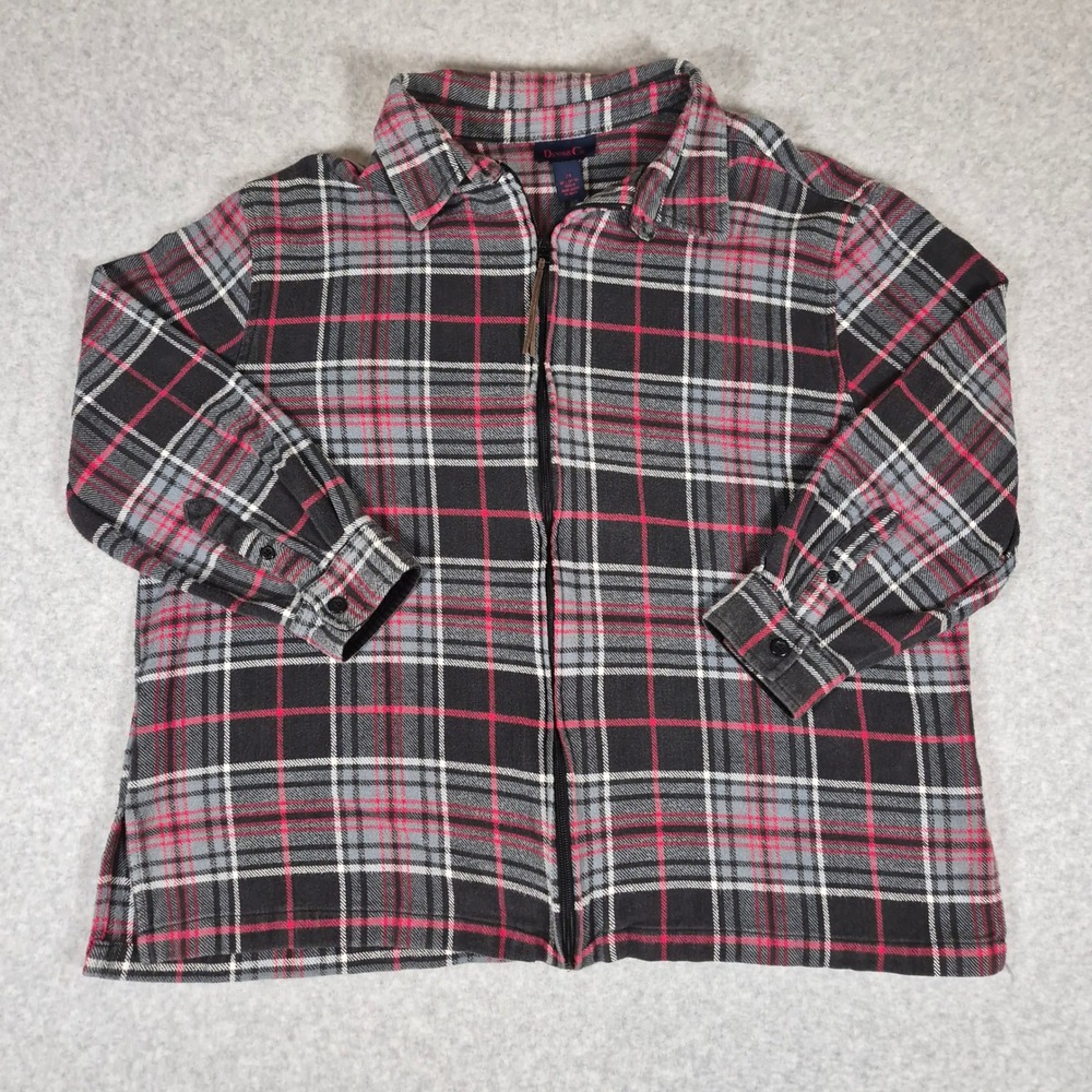 Denim & Co Flannel Shirt Jacket Womens 2X Red Black Plaid Zip Front Cotton